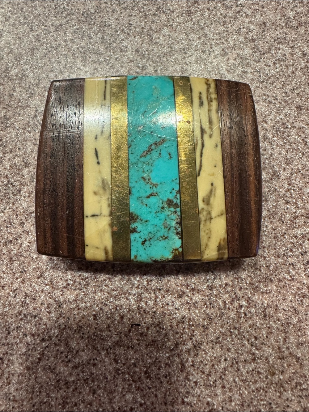 Vintage Brass Rectangle Wood turquoise Inlay Southwestern 70s Belt Buckle